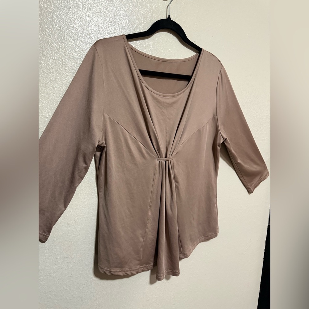 Ruched Front Scoop Neck Blouse XXL | Taupe Draped 3/4 Sleeve Top - Picture 4 of 4